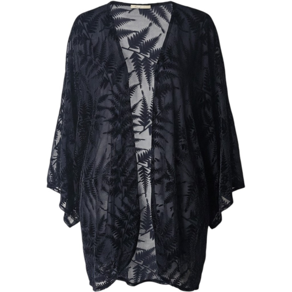 Navy Blue Burnout Velvet Kimono OS  Fern Sheer Mesh Whimsigoth Forest Ethereal